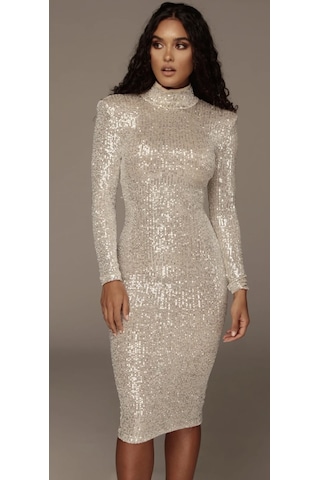 Hanife Glam Couture Balıkçı Yaka Uzun Kollu Midi Elbise Gümüş