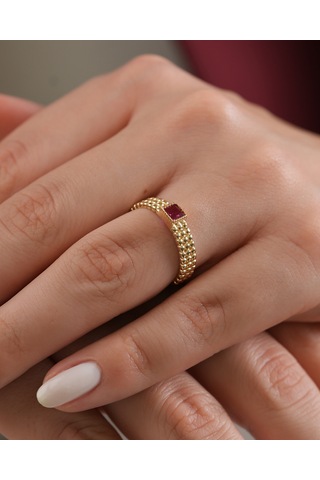 Debora Jewelry 14 Ayar Altın Kare Model Pembe Taşlı Yüzük