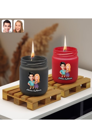 Bk Gift Kişiye Özel Dtf Karikatürlü 2 Li Siyah Ve Kırmızı Renkli Cam Kavanozda Kokulu Mum-1, Arkadaşa Hediye, Sevgiliye Hediye