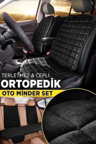 Premium Cepli Ortopedik Oto Koltuk Minder Seti - Oto Koltuk Kılıfı - Ön 2 Koltuk Set - Siyah