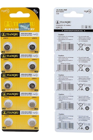 Tianqiu Ag3 Lr41 Alkalin Saat Pili 10 Lu 1.55 Volt Düğme Pil 392