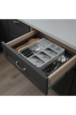 Deconox Çekmece İçi Sürgülü Çatal Kaşık Ve Bıçaklık Organizeri - Genişleyebilir Modüler Mutfak Düzenleyici Açık 55 Cm, Kapalı 34 Cm - Açık Gri Ve Antrasit Renk Açık Mavi