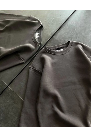Mbb E-ticaret Kadın Bisiklet Yaka 3 İplik Pamuklu Basic Sweatshirt - Füme
