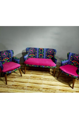 Azra Mobilya - Roma Çay Seti Koltuk Takımı - Babyface Kumaş - Ahşap Demonte Ayak Etnik Desen Fuşya