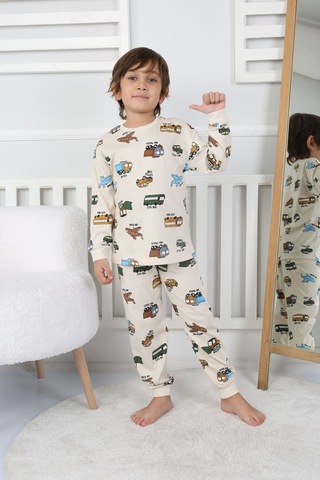 Transportation Veichle Desenli Çocuk Pijama Takımı Alt-üst Bej 3-8 Yaş Bej