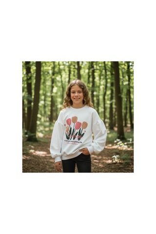 Fesshera Kids Kız Çocuk Sweatshirt Balon Kol Baskılı Oversize Pamuklu Sweatshirt / Geniş Kalıp Uzun Kollu Tişört Beyaz