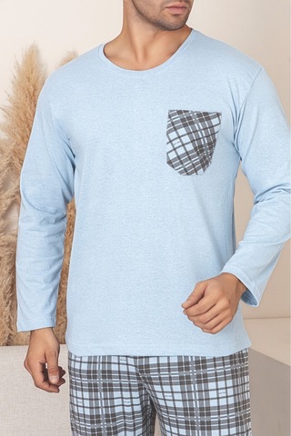 Sude Homewear Erkek Ekoseli Cepli Uzun Kollu Pijama Takımı Mavi
