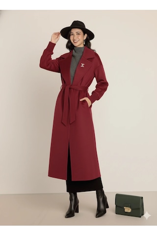 Kadın Siyah Kaşe Uzun Kaban Maksi Boy Palto Geniş Yakalı Düz Kesim Kışlık Bordo