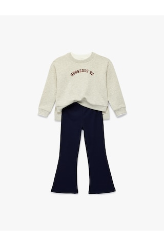 Koton Baskılı Uzun Kollu Şardonlu Sweatshirt Ve İspanyol Paça Pantolon Takımı - 2'li Set Kar Melanj 6skg10260ak Gri Melanj