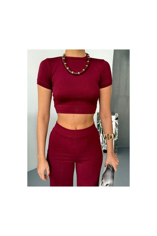 Butik İstanbul Osy Modal Yumuşak Dokulu Kumaş Kısa Kollu Crop Alt Ispanyol Paça Pantalon Ikili Takım - Bordo