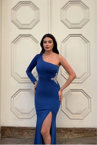 Veraura Lifestyle Kadın Trend Model Simli Kumaş Asimetrik Yaka Drapeli Tek Kollu Elbise Saks