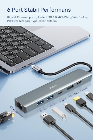 Type-c 6sı 1 Arada Hub Adaptör, 4k Hdmı, Rj45 Gigabit Ethernet, Pd 100w Şarj, 2 Usb 3.0 Port, Macbook Laptop Tablet Uyumlu, Metal Gövde Docking Station N855