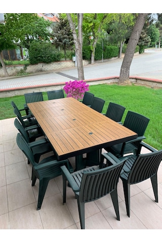 Katar I Masa Ahşap Desenli 180 Cm Masa Bahçe Balkon Teras Veranda Dış Mekan Yeşil Üzerine Ahşap Desenli