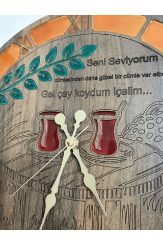 Ahşap Desen Duvar Saati - Gel Çay Koydum - Epoksi Reçine Kaplamalı - 40 Cm Ahşap