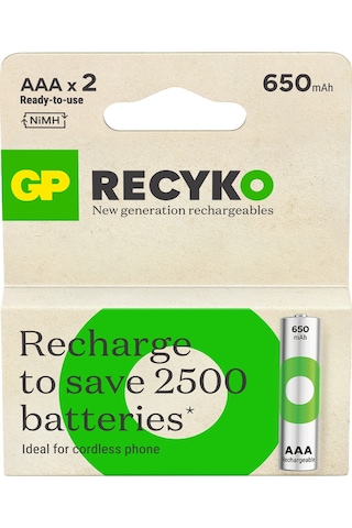 GP Batteries ReCyko 650 AAA İnce Kalem Ni-Mh Şarjlı Pil 1.2 Volt 2’li Kart