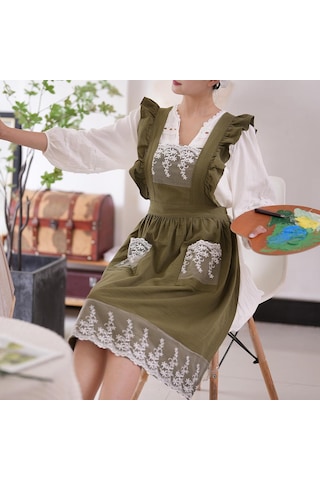 Kadınlar İçin Cepli Vintage Önlükler Sevimli Dantel Fırfır Ayarlanabilir A Ordu Yeşili, Diğer