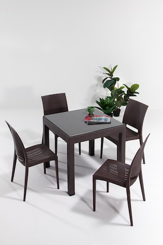 Rattan Small Camlı Kahve Masa Takımı Bahçe&balkon 1 Camlı Masa + 4 Sandalye Kahverengi