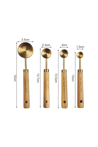 Mucit Home 4 Adet Gold Paslanmaz Çelik Ahşap Saplı Ölçü Kaşığı Seti Ölçü Kabı Küçük Gold