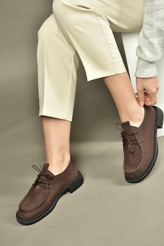 Fox Shoes V944085601 Kahverengi Hakiki Deri Nubuk Bağcıklı Günlük Kadın Ayakkabı Kahverengi