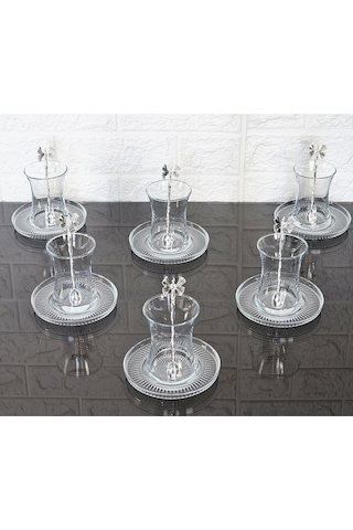 18 Parça Çay Seti Gümüş Kelebek Çay Kaşıklı 6 Bardak 6 Tabak 6 Kaşık Gümüş