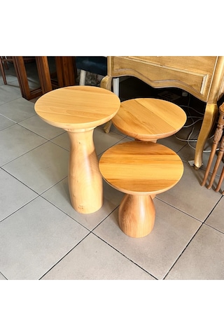 Ahşap 3 Lü Set Fitilli Mantar Yan Sehpa Modern Fiskos / Çiçeklik / Zigon Sehpa Ahşap
