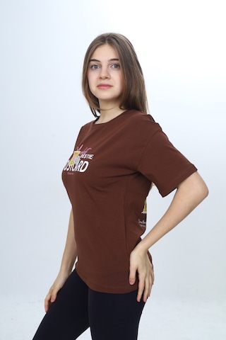 Toontoy Kids Toontoy Kız Çocuk Bisiklet Yaka Düşük Omuz Kısa Kollu Baskılı Tişört 24971 Koyu Kahverengi
