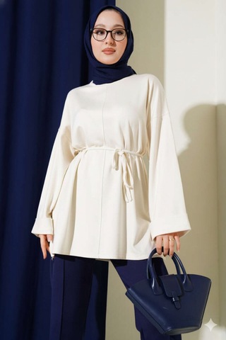 Unika Boutique Modal Kumaş Kuşaklı Tesettür Tunik Ekru
