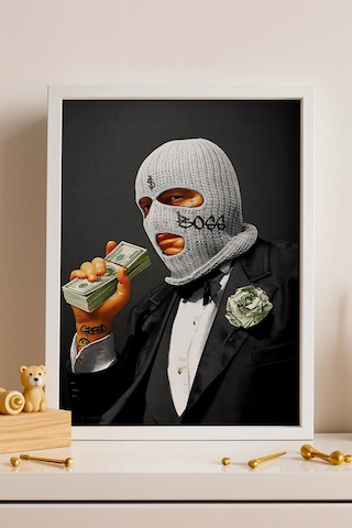 Modern Kar Maskeli Boss Ve Dolar Temalı Çerçeveli Tablo Home-office Çalışma Alanları Dekoru Modifiye Sanat