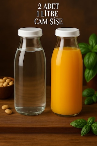 Rotanev 2 Adet Beyaz Plastik Kapaklı 1 Litre Şeffaf Sürahi Süt, Ayran, Su, Limonata Meşrubat Şişesi Cam Şişe