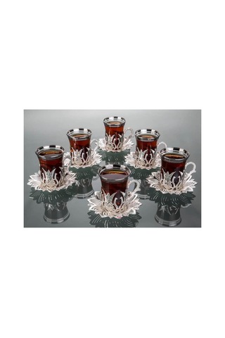 Çay Sunum Seti Lale Desenli Tepsili Metal Gümüş