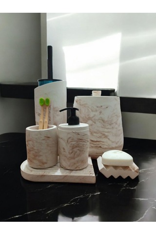 Mermer Serisi Beton Banyo Seti,çöp Kovasi,tuvalet Fırçası Takimı,tepsi,sıvı Ve Katı Sabunluk, Bej
