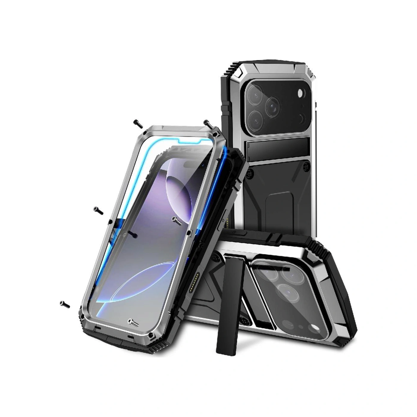 İphone 17 Pro Max İçin Metal Kılıf 360 Tam Koruma Kapak Cam Ekran Koruyucu Darbeye Dayanıklı Ağır Hizmet Kickstand İle