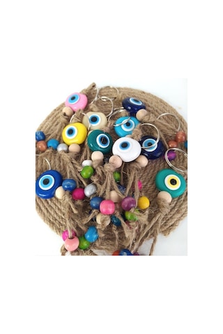 20 Adet Anahtarlık Karışık Renkli Kötü Göz Kovucu Nazar Hand Made Hasır Renkli Ahşap Boncuklu Nazarlık Çanta Araba Süsü