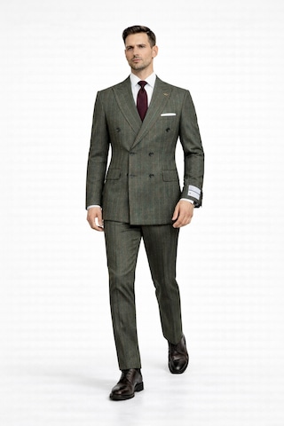 Fabıo Cassel Çizgili Kruvaze Erkek Takım Elbise Slim Fit Fıstık Yeşili