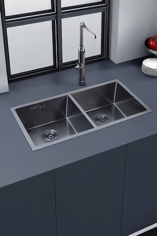 Ebrar Serisi %100 Krom 82x45 İki Göz Paslanmaz Mutfak Eviyesi, Mutfak Lavabosu Sifon Dahil Siyah