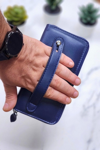 Xclub Model Unisex Telefon Bölmeli El Geçmeli Kordonlu Deri Portföy Kartlık Uzun Cüzdan Lacivert Siyah