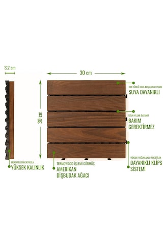 Pafu Sunsoe Dişbudak Ağacı Balkon Bahçe Ahşap Yer Döşemesi Karo Deck 30x30 Cm - 10 Adet 0,9m2
