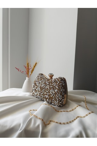 Vivazzaluxe Kristal Taşlı Kadın Abiye, Clutch Çanta Altın