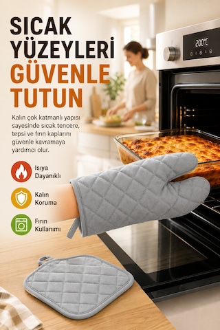 Gri Fırın Eldiveni Ve Tutacak Seti Isıya Dayanıklı Kapitone Mutfak Eldiveni Fırın Tutacağı Gri Renk.