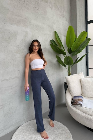 Kadın Füme Yüksek Bel Fitilli Bol Paça Günlük İnce Eşofman Altı Füme