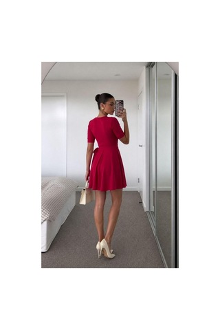 Store V Yaka Mini Elbise Kollu Kısa Kuşaklı Fuşya - 935901556 Fuşya