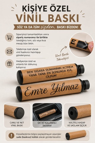 Kişiye Özel Ahşap Araç Küllüğü Vinil Baskılı İsim / Söz Yazılı Dekoratif Tasarım