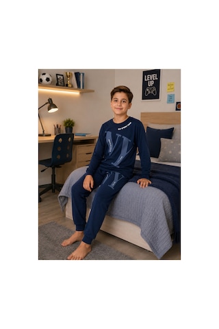 Formo Erkek Çocuk %100 Doğal Pamuk Manşet Paça Uzun Kollu Pijama Takımı Mavi