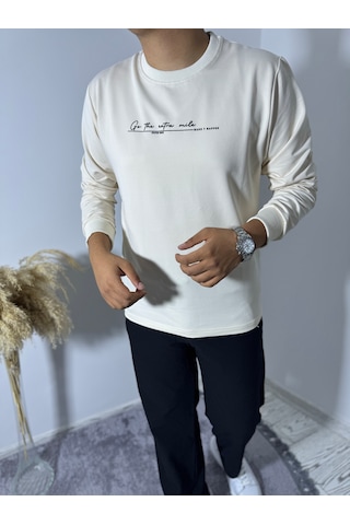 Say-Has Fashion Göğüs Baskılı Bisiklet Yaka Sweatshirt Bej