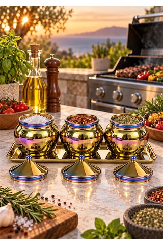 Paslanmaz Çelik 3'lü Baharatlık Seti 400 Ml Tepsili Çok Renkli / İridesan