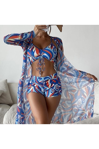 Kadın Mayo Yüksek Bel Bikini Seti Üç Adet Kadın Uzun Kollu Cover Up Mayo Plaj Mayo Mavi