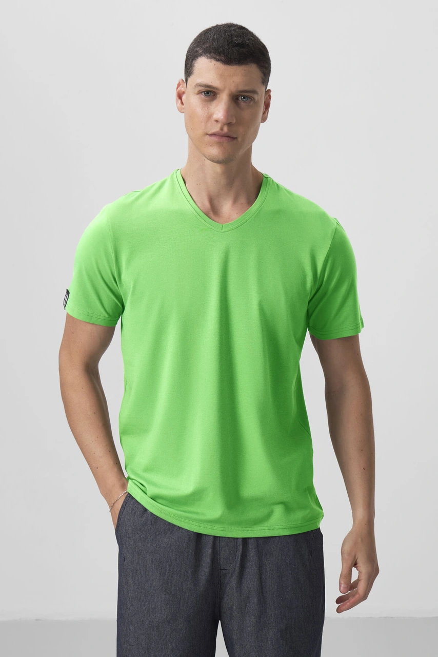 Neon Yeşil Basic Kısa Kol Standart Kalıp V Yaka Erkek T-shirt - 87912 Neon Yeşil