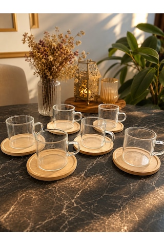 Borosilikat Cam Bardak 12 Parça Bambu Altlık İle Çay Ve Espresso Seti Ahşap