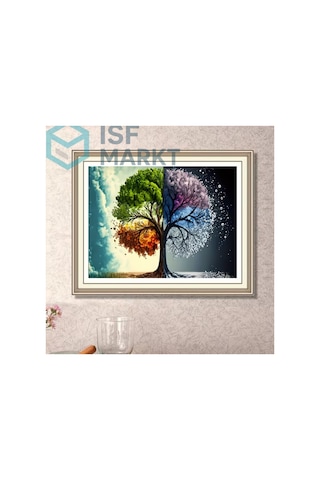 Elmas Boyama Seti - Dört Mevsim Ağacı Yuvarlak Akrilik Taşlar, Four Seasons Tree Dıy 30x40 Cm