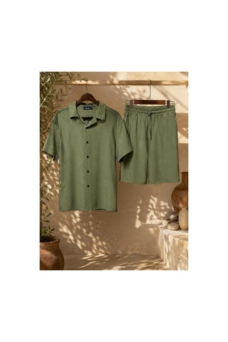Mcz Yeşil Renk Bürümcük Kumaş Slim Fit Erkek Şort - Gömlek Alt Üst Takım